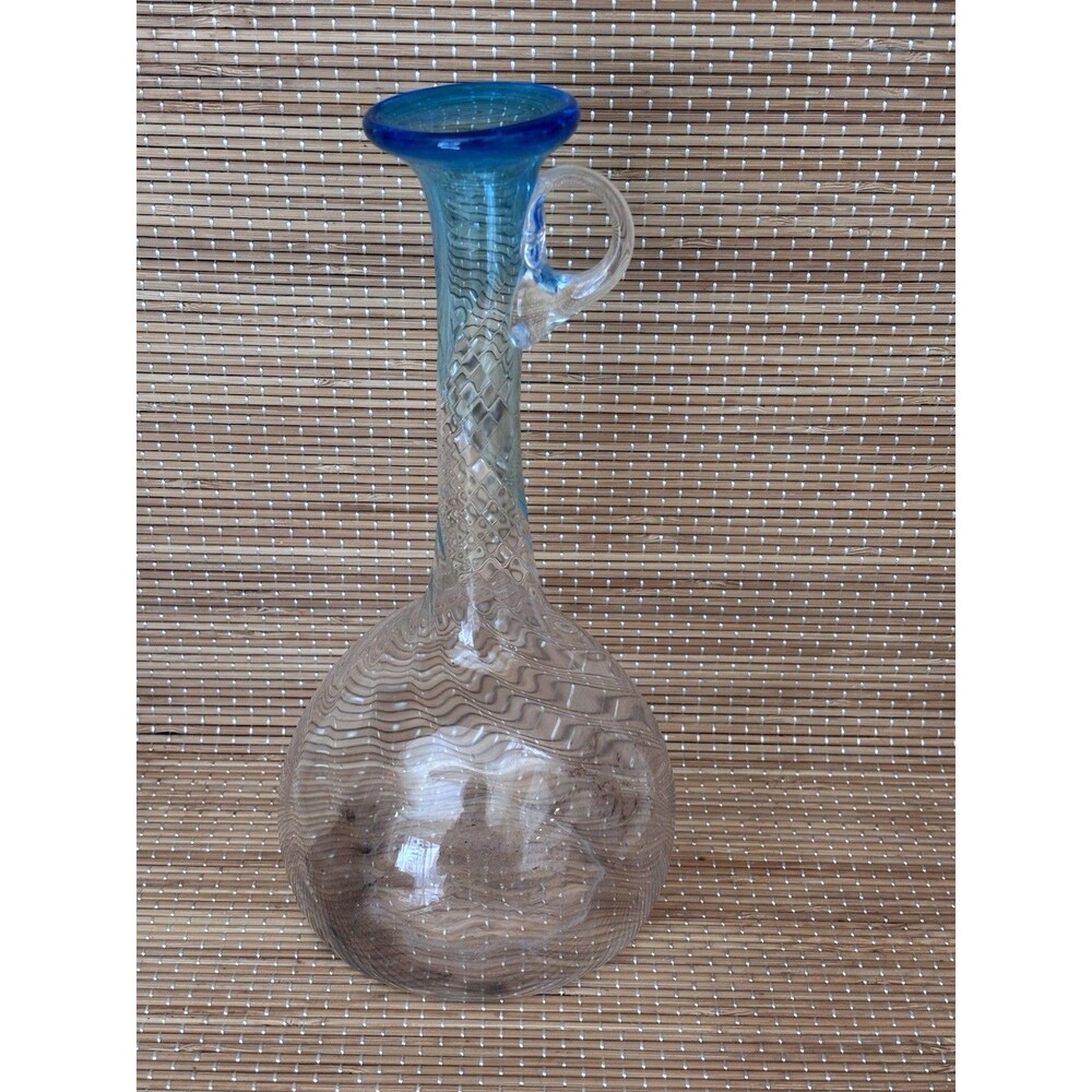 Clear Blue Rim Glass Decanter w/ Handle, 0.5 qt, 9 in Tall, 1pc